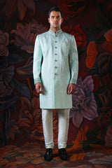 Sea blue embroidered sherwani with churidar