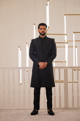 BLACK EMBROIDERY COLLAR SHERWANI WITH TROUSER