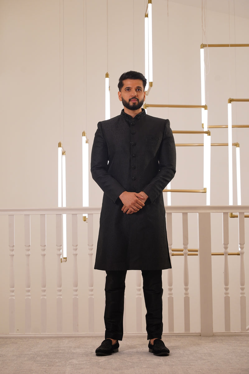 BLACK EMBROIDERY COLLAR SHERWANI WITH TROUSER