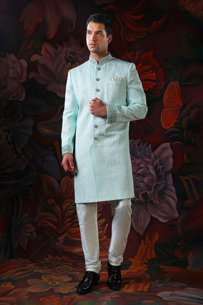 Sea blue embroidered sherwani with churidar