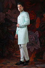 Sea blue embroidered sherwani with churidar
