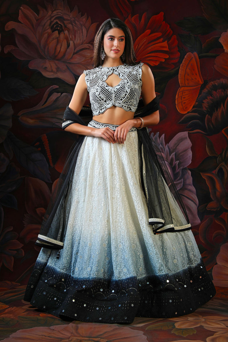 White and Black Ombre Lehenga With white Embroidery Top