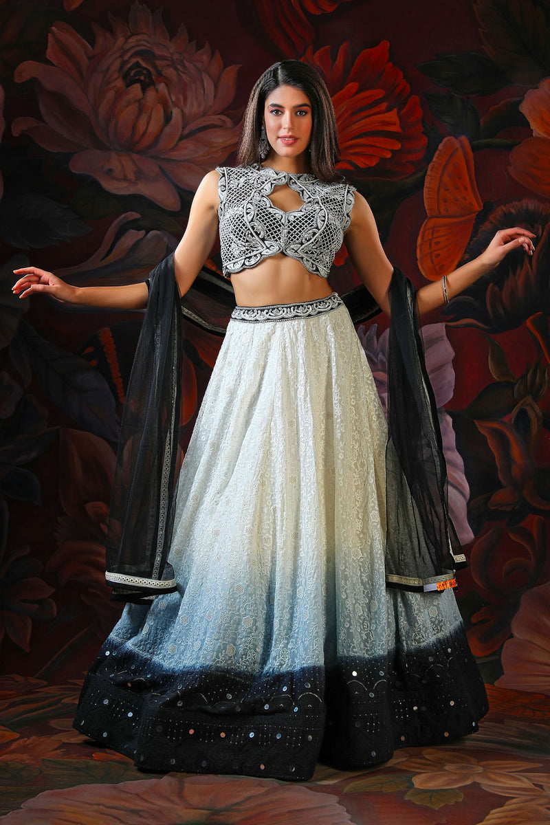 White and Black Ombre Lehenga With white Embroidery Top