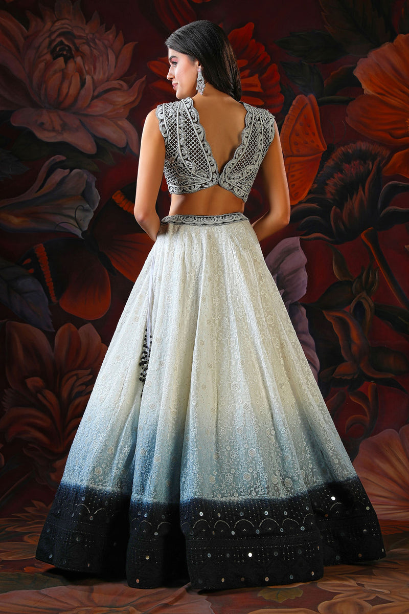 White and Black Ombre Lehenga With white Embroidery Top