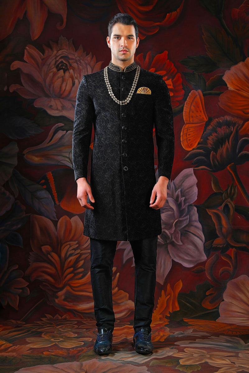 black embroidered sherwani with churidar