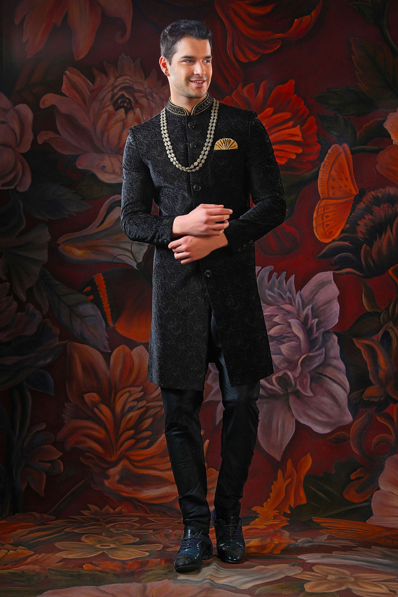 black embroidered sherwani with churidar