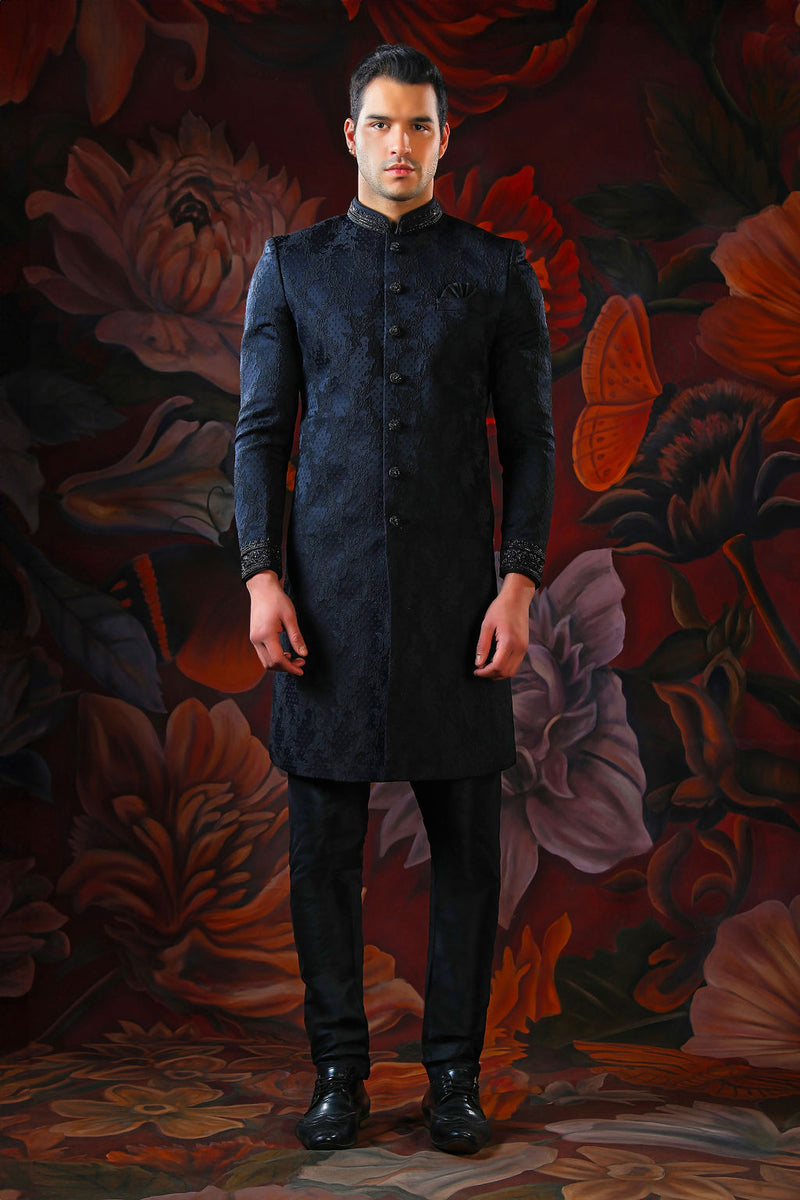 black embroidered sherwani with churidar