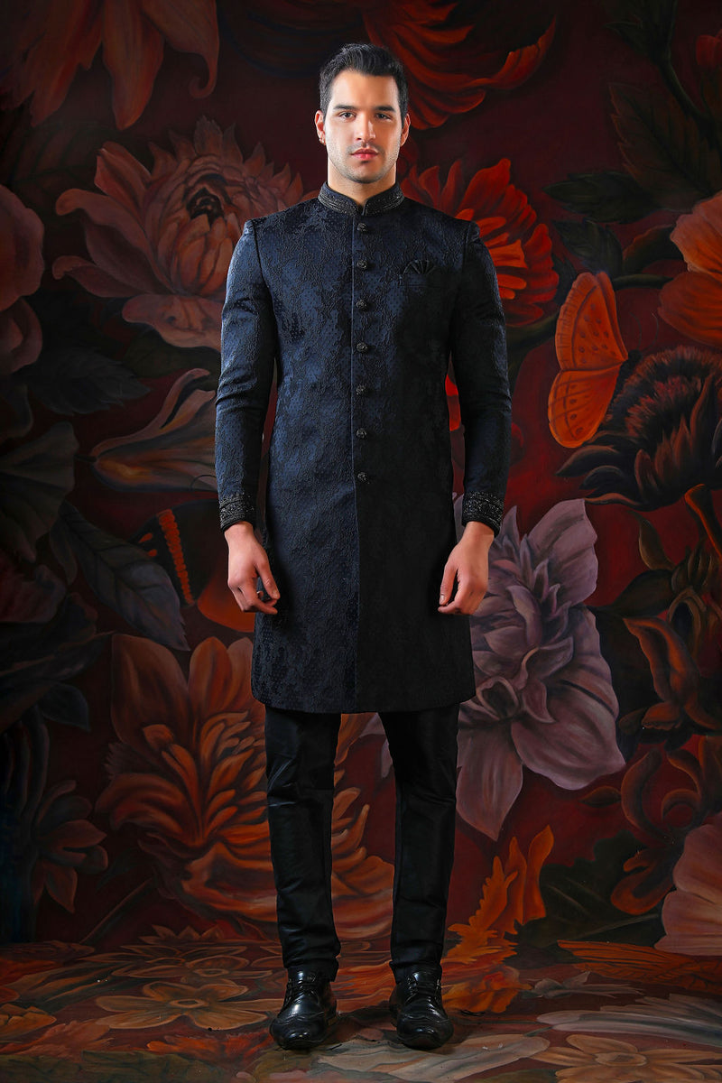 black embroidered sherwani with churidar