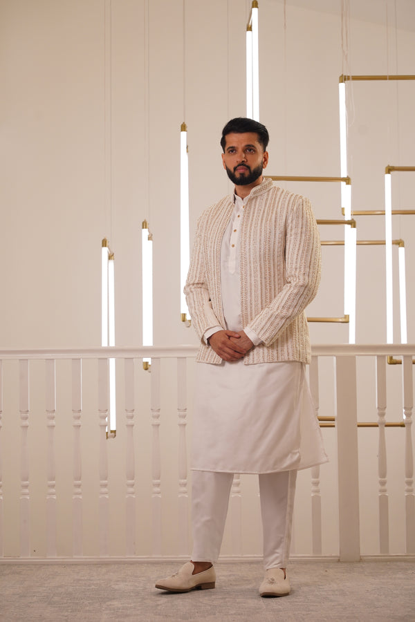CREAM EMBROIDRY JACKET WITH KURTA & TROUSER