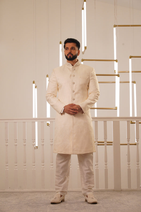 CREAM SHERWANI WITH EMBROIDERY COLLAR & BUTTON