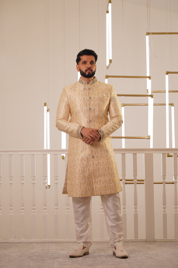 LIGHT GOLD SHERWANI WITH EMBROIDERY COLLAR