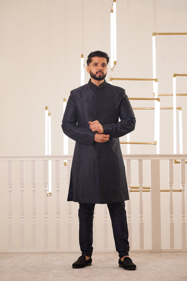 NAVY BLUE SHERWANI WITH EMBROIDERY COLLAR & BUTTON