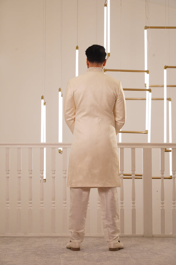 CREAM SHERWANI WITH EMBROIDERY COLLAR & BUTTON