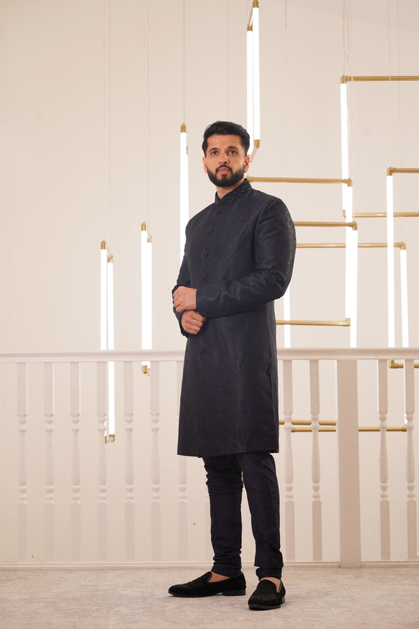 NAVY BLUE SHERWANI WITH EMBROIDERY COLLAR & BUTTON