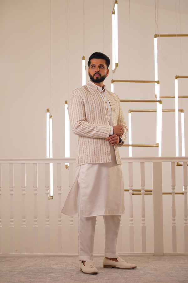 CREAM EMBROIDRY JACKET WITH KURTA & TROUSER