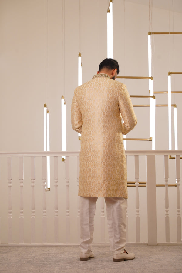 LIGHT GOLD SHERWANI WITH EMBROIDERY COLLAR