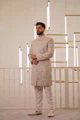 LIGHT GOLD EMBROIDERY SHERWANI WITH TROUSER
