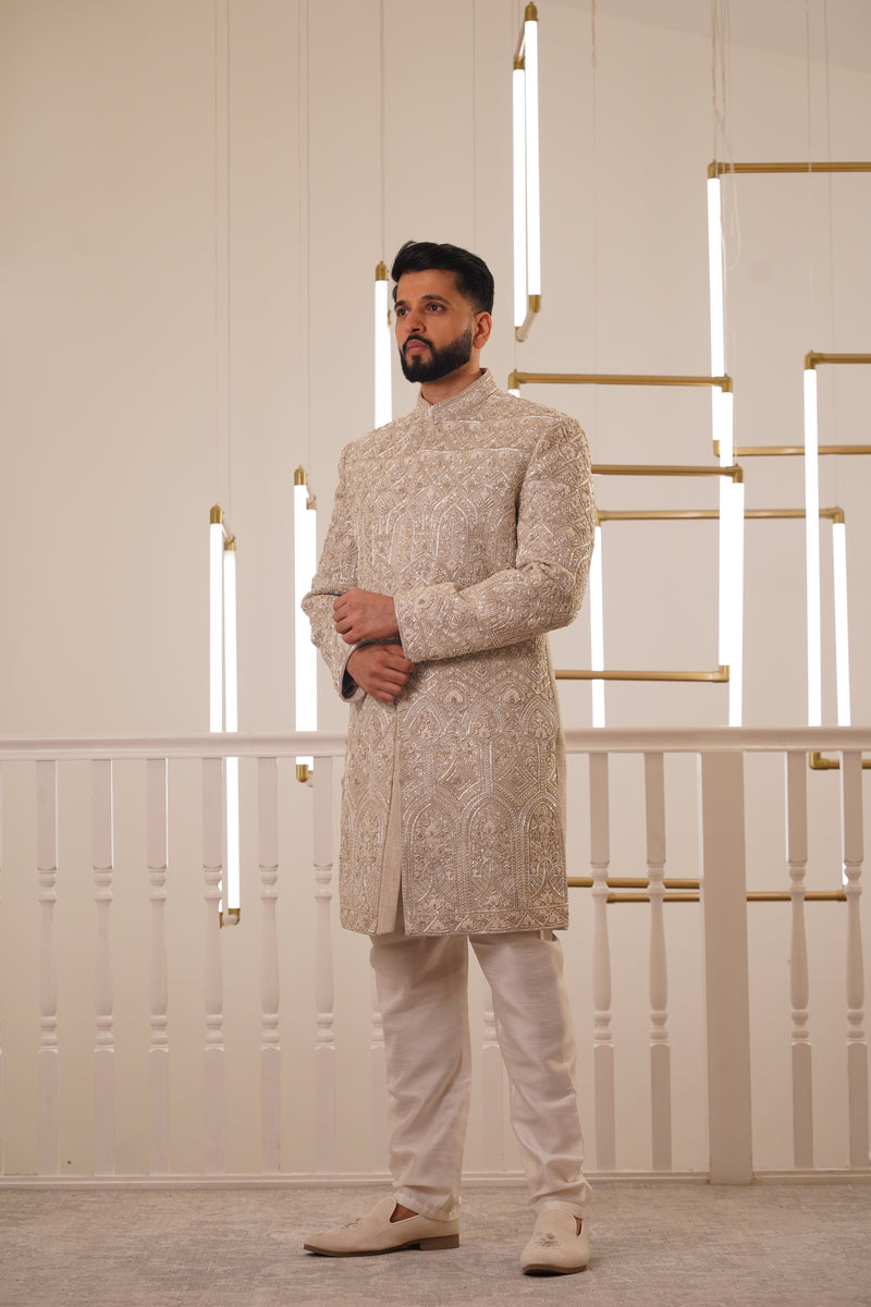 LIGHT GOLD EMBROIDERY SHERWANI WITH TROUSER