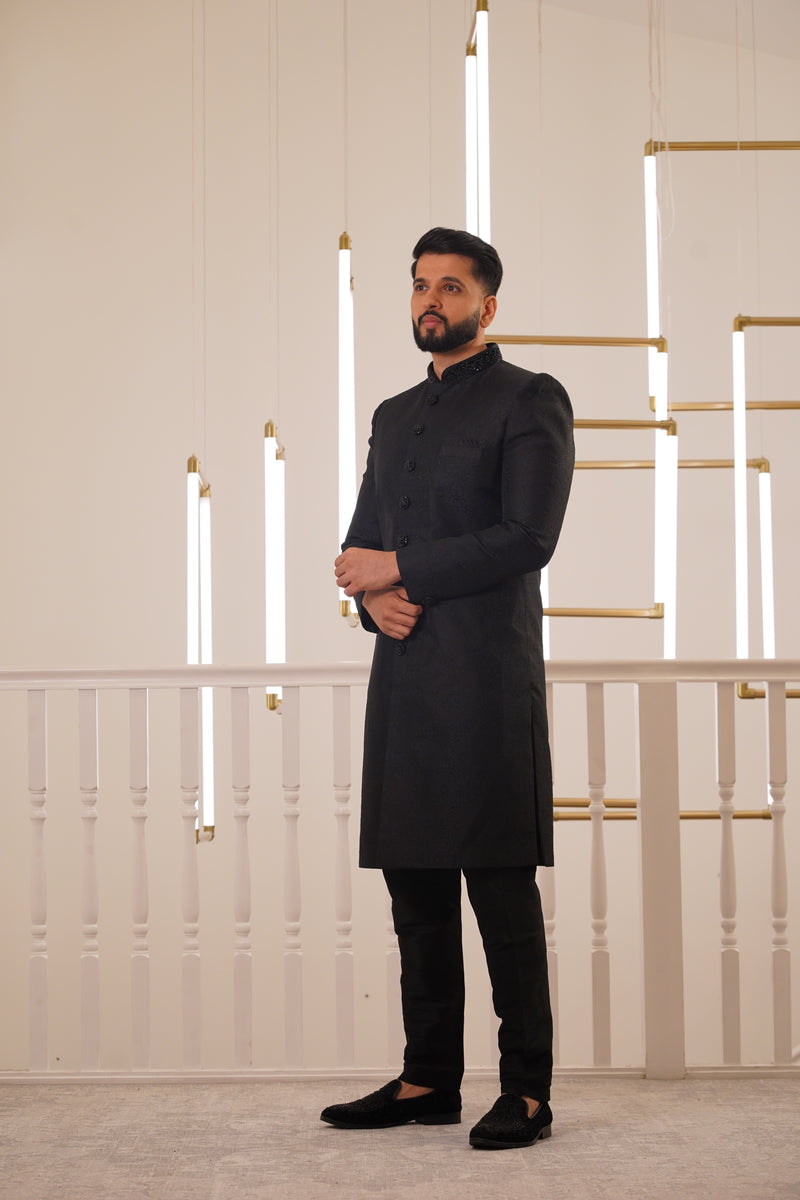 BLACK EMBROIDERY COLLAR SHERWANI WITH TROUSER