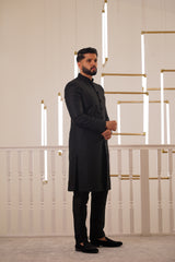 BLACK EMBROIDERY COLLAR SHERWANI WITH TROUSER