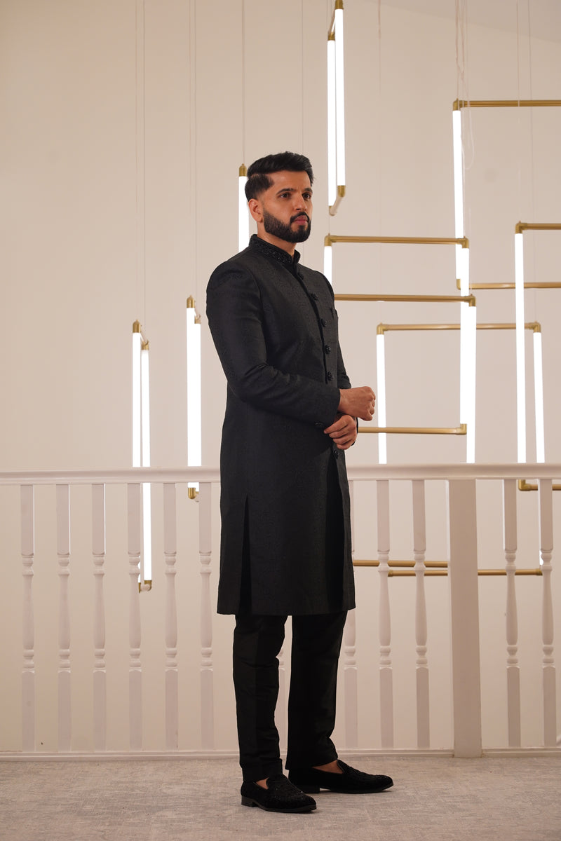 BLACK EMBROIDERY COLLAR SHERWANI WITH TROUSER