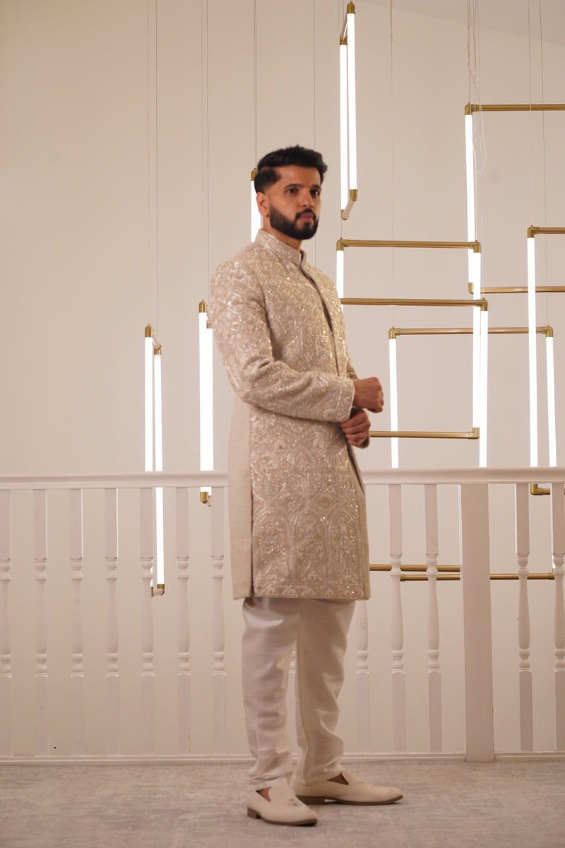 LIGHT GOLD EMBROIDERY SHERWANI WITH TROUSER