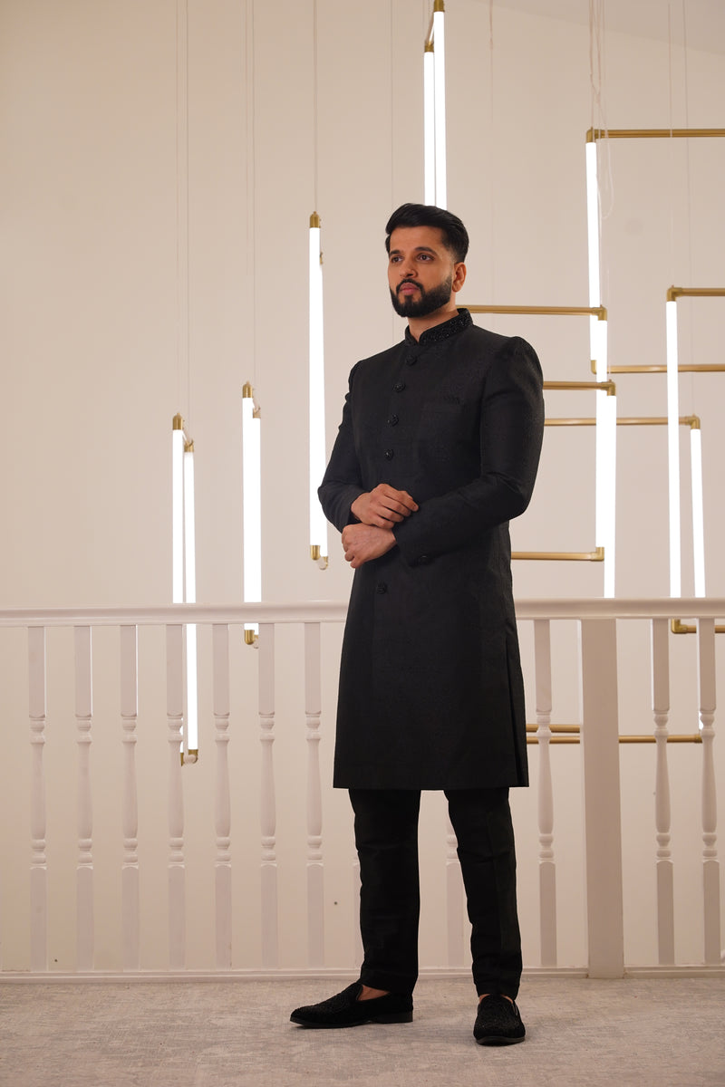 BLACK EMBROIDERY COLLAR SHERWANI WITH TROUSER