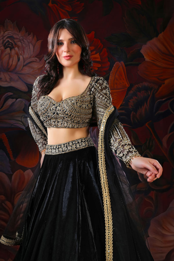 black full sleeves embroidered  top with black velvet skirt