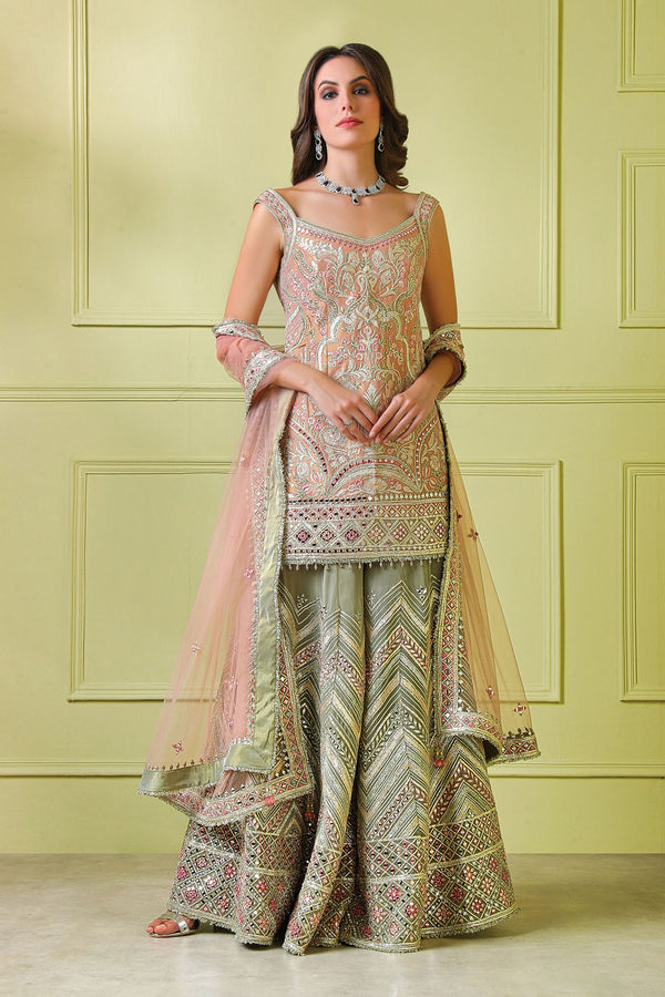Peach embroidered Suit with embroidered Olive sharara