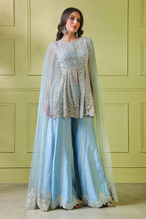 Blue embroidered peplum with drape and Embroidered sharara