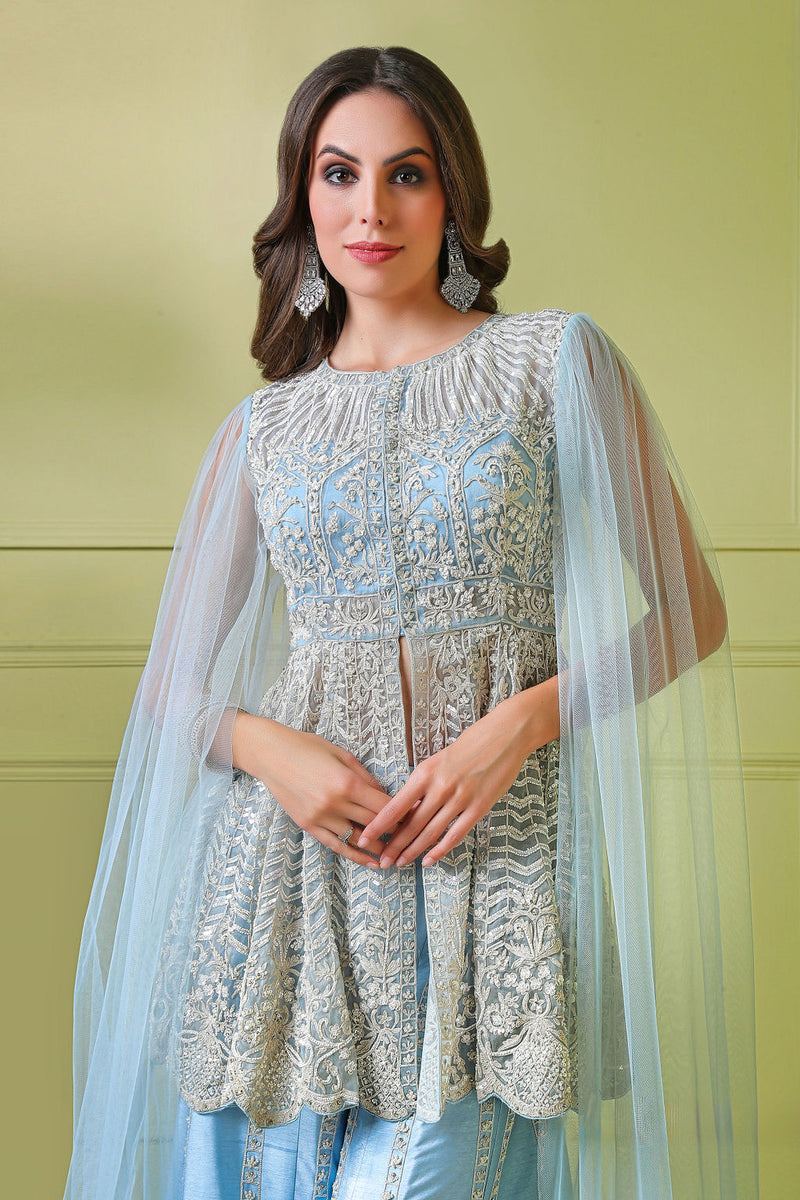 Blue embroidered peplum with drape and Embroidered sharara
