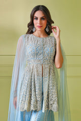 Blue embroidered peplum with drape and Embroidered sharara