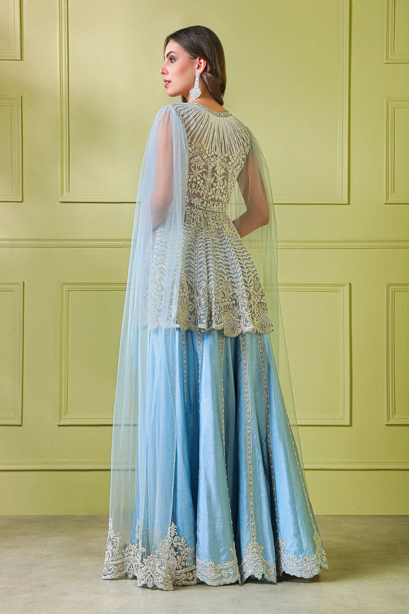 Blue embroidered peplum with drape and Embroidered sharara