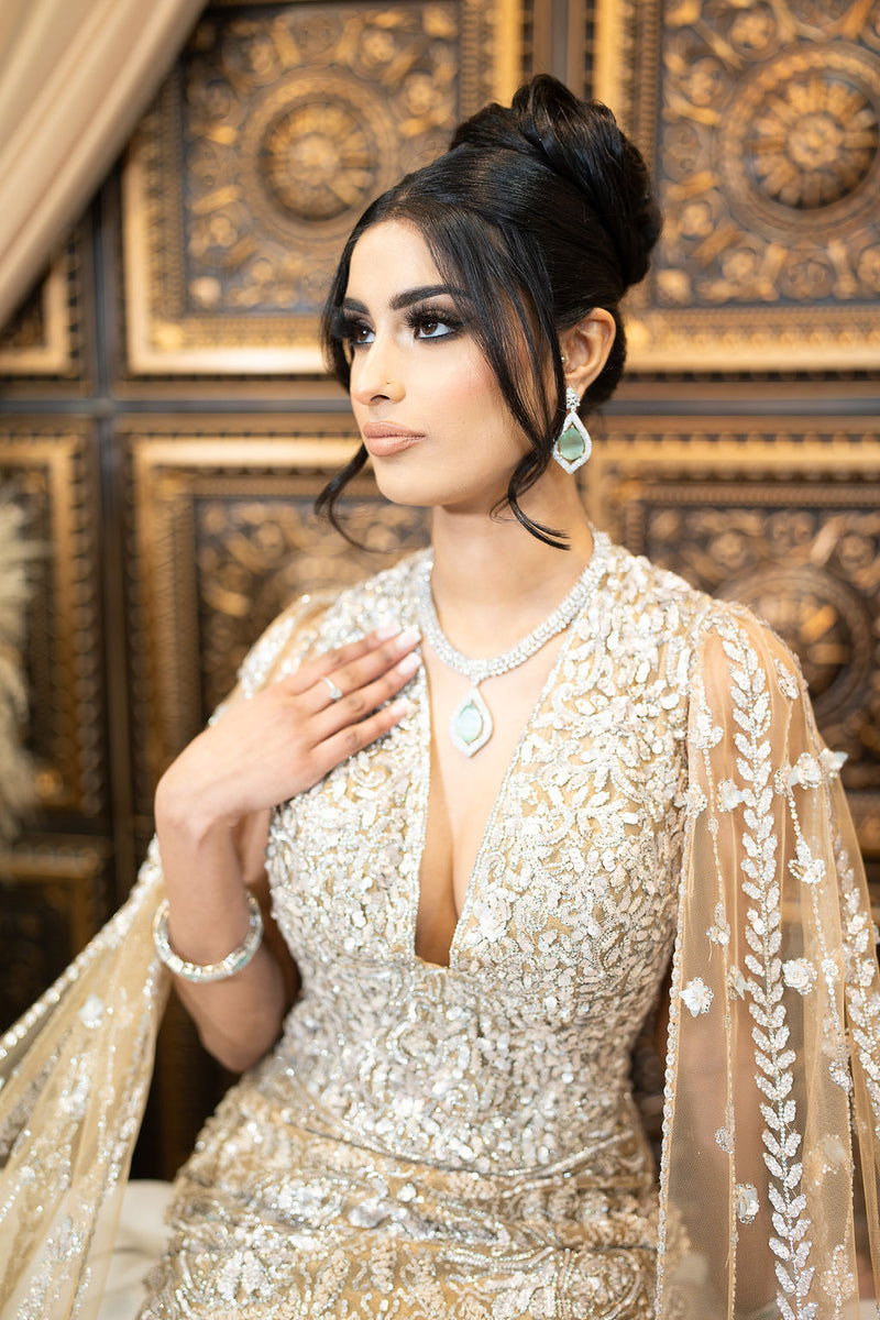 Gold Embroidered Gown with Drapes