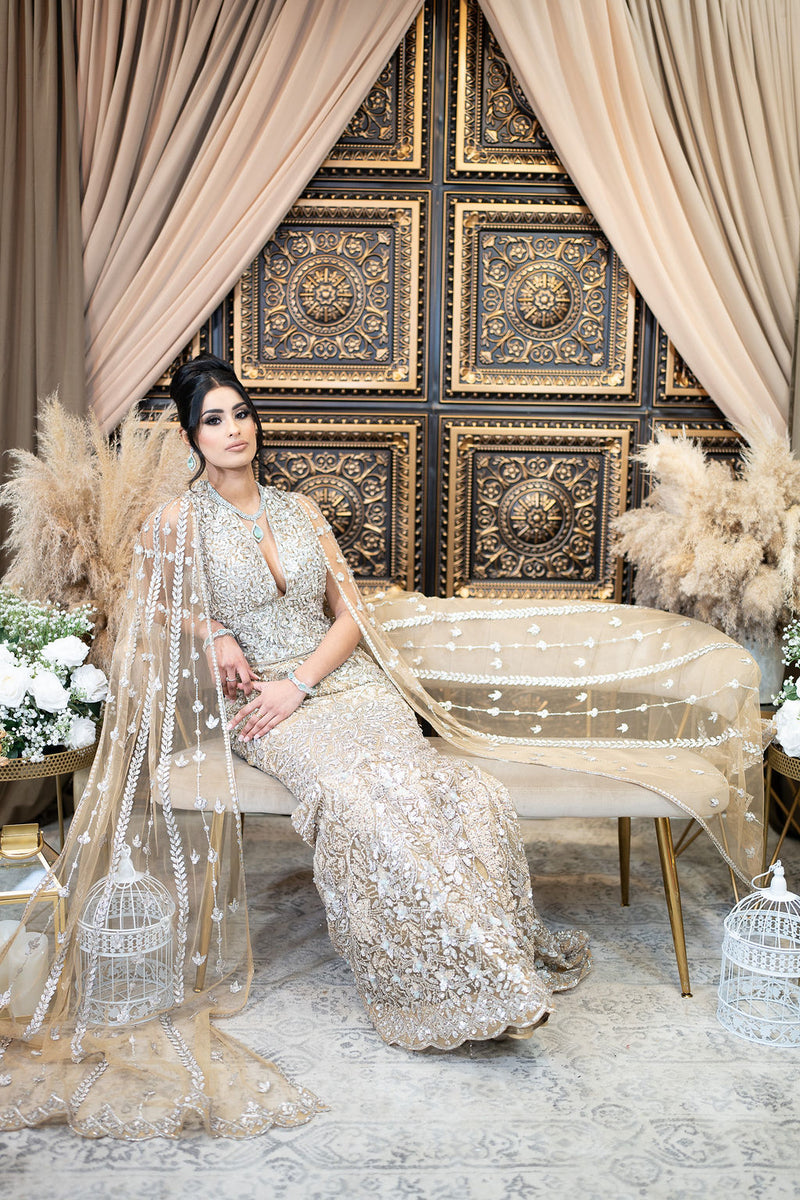 Gold Embroidered Gown with Drapes