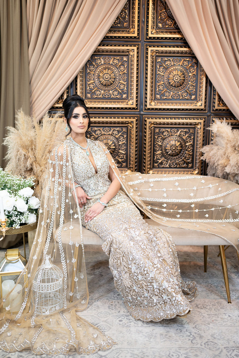 Gold Embroidered Gown with Drapes