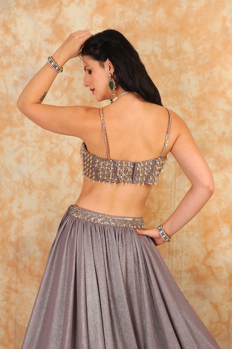 Grey embroidered top with lehenga