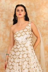 Elegant white embroidery Gown with drape