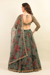 GREEN PRINTED ORGANZA SKIRT & DUPATTA