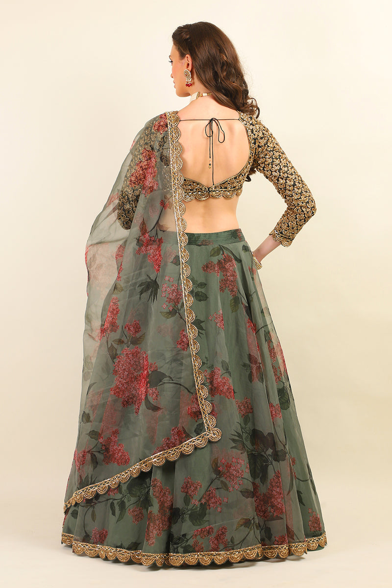 GREEN PRINTED ORGANZA SKIRT & DUPATTA