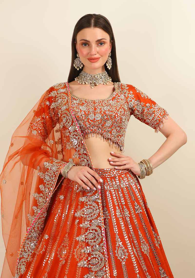 RUST GOTA PATTI LEHENGA WITH EMBROIDERY TOP