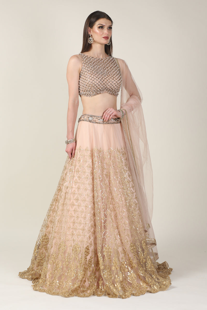 PEACH PEARL TOP WITH GOLDEN ZARI SKIRT