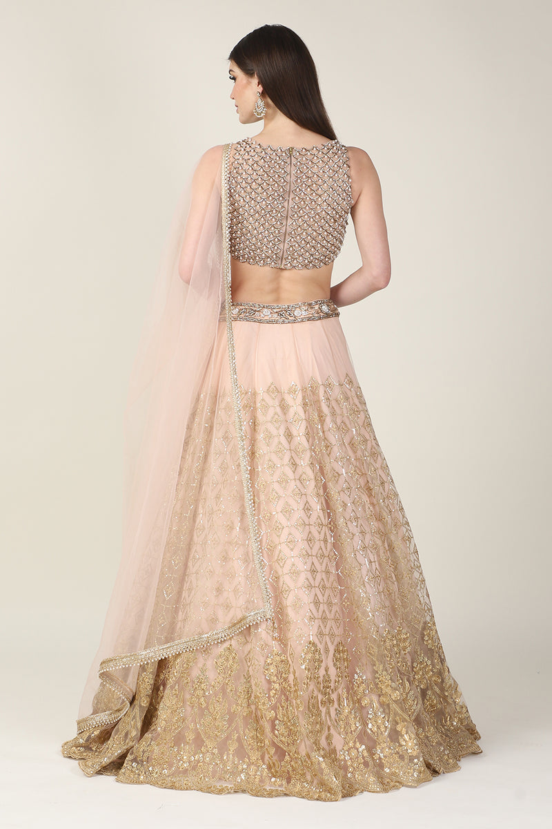 PEACH PEARL TOP WITH GOLDEN ZARI SKIRT