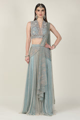 ICE BLUE & GOLD DRAPE SAREE
