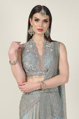 ICE BLUE & GOLD DRAPE SAREE