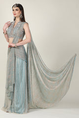 ICE BLUE & GOLD DRAPE SAREE
