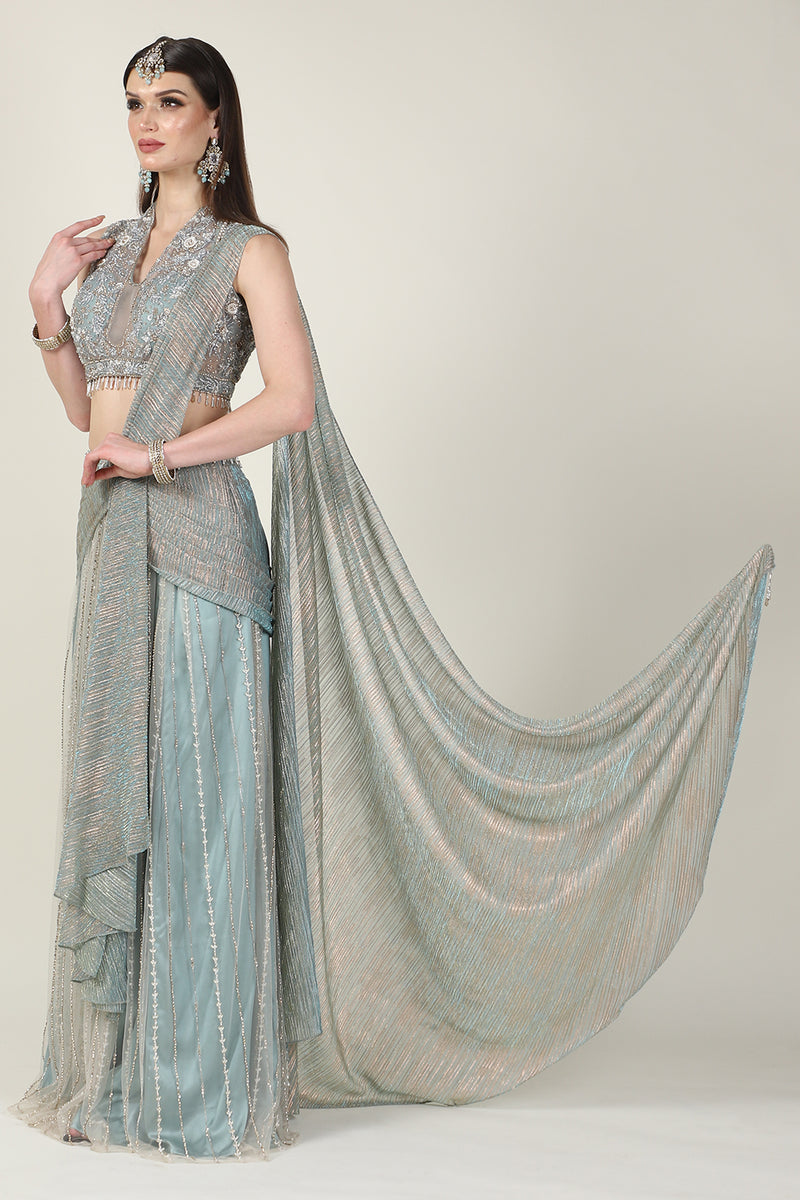 ICE BLUE & GOLD DRAPE SAREE