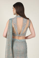 ICE BLUE & GOLD DRAPE SAREE