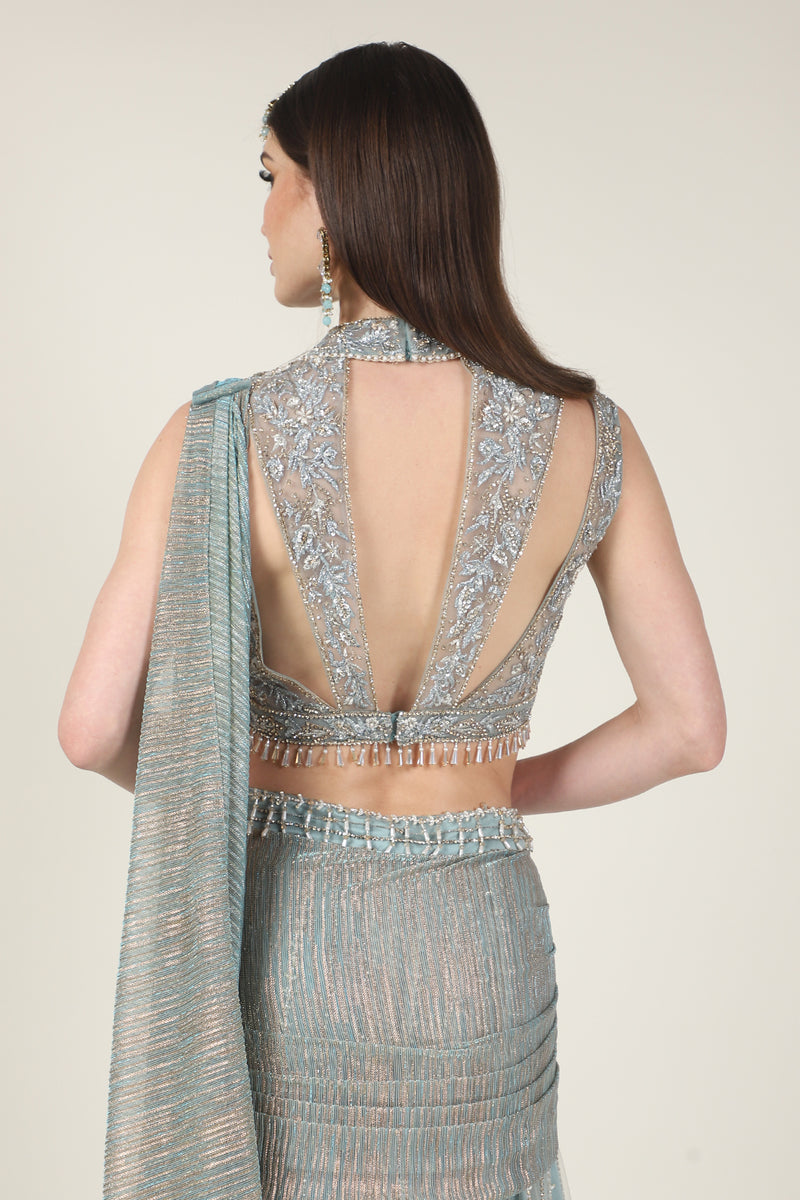 ICE BLUE & GOLD DRAPE SAREE