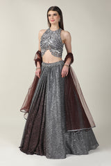 GREY EMB TOP WITH TWO TONE CRINKLE SKIRT